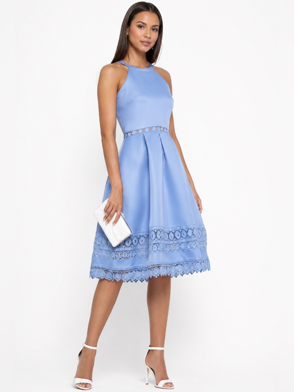 Chi Chi London Naila Blue Halter Midi Dress Eyelet Lace Size 12 NWT Wedding Chic